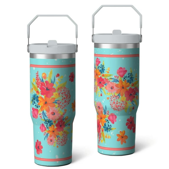 30oz Pioneer Colorful Floral Stainless Steel Flip Straw Tumbler with Lid and Straw Spill Proof Travel Cup Double Wall Vacuum Insulated Coffee Mug with Top Handled White