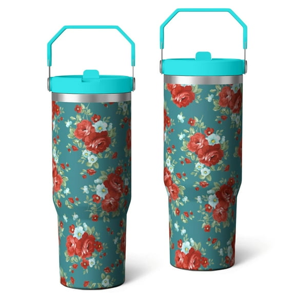30oz Pioneer Colorful Floral Stainless Steel Flip Straw Tumbler with Lid and Straw Spill Proof Travel Cup Double Wall Vacuum Insulated Coffee Mug with Top Handled Greenish-blue