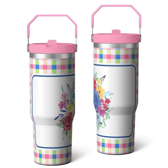 30oz Pioneer Colorful Floral Stainless Steel Flip Straw Tumbler with Lid and Straw Spill Proof Travel Cup Double Wall Vacuum Insulated Coffee Mug with Top Handled Pink