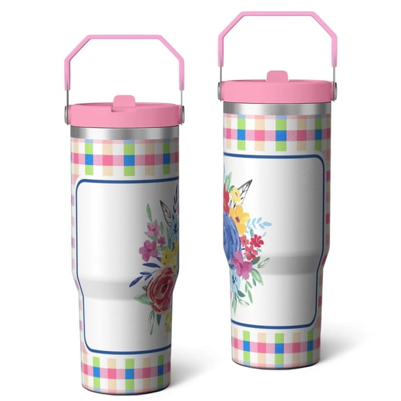 30oz Pioneer Colorful Floral Stainless Steel Flip Straw Tumbler with Lid and Straw Spill Proof Travel Cup Double Wall Vacuum Insulated Coffee Mug with Top Handled Pink