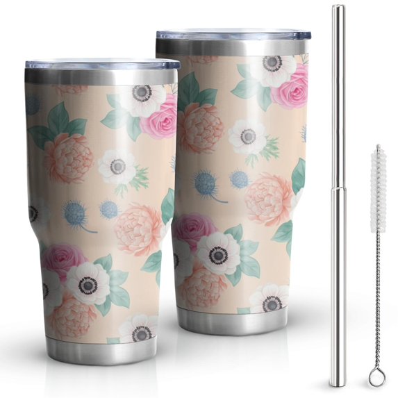 30oz Pioneer Flower Floral Print Pattern Tumbler, Double Wall Vacuum Insulated Cup, BPA-Free Leak Proof Lid & Reusable Straws, Hot 12h, Cold 34h