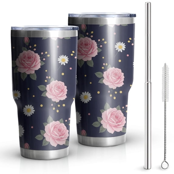 30oz Pioneer Flower Floral Print Pattern Tumbler, Double Wall Vacuum Insulated Cup, BPA-Free Leak Proof Lid & Reusable Straws, Hot 12h, Cold 34h