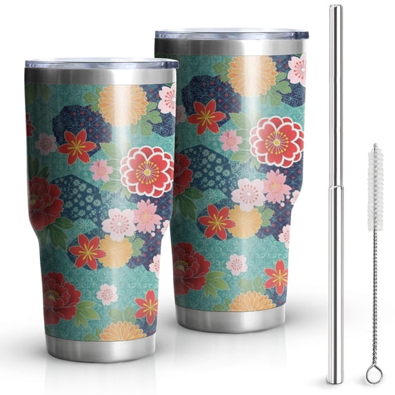 30oz Pioneer Flower Floral Print Pattern Tumbler, Double Wall Vacuum Insulated Cup, BPA-Free Leak Proof Lid & Reusable Straws, Hot 12h, Cold 34h