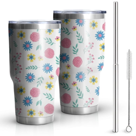 30oz Pioneer Flower Floral Print Pattern Tumbler, Double Wall Vacuum Insulated Cup, BPA-Free Leak Proof Lid & Reusable Straws, Hot 12h, Cold 34h