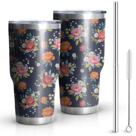 30oz Pioneer Flower Floral Print Pattern Tumbler, Double Wall Vacuum Insulated Cup, BPA-Free Leak Proof Lid & Reusable Straws, Hot 12h, Cold 34h