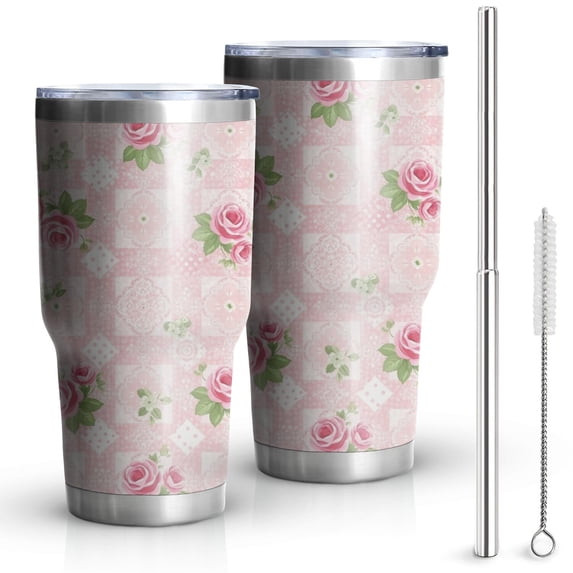 30oz Pioneer Flower Floral Print Pattern Tumbler, Double Wall Vacuum Insulated Cup, BPA-Free Leak Proof Lid & Reusable Straws, Hot 12h, Cold 34h
