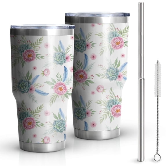 30oz Pioneer Flower Floral Print Pattern Tumbler, Double Wall Vacuum Insulated Cup, BPA-Free Leak Proof Lid & Reusable Straws, Hot 12h, Cold 34h