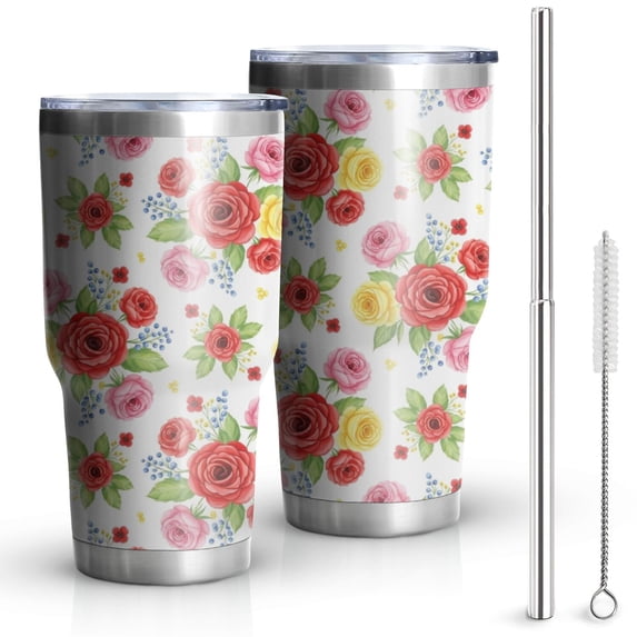 30oz Pioneer Flower Floral Print Pattern Tumbler, Double Wall Vacuum Insulated Cup, BPA-Free Leak Proof Lid & Reusable Straws, Hot 12h, Cold 34h