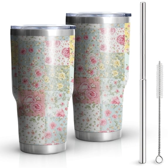 30oz Pioneer Flower Floral Print Pattern Tumbler, Double Wall Vacuum Insulated Cup, BPA-Free Leak Proof Lid & Reusable Straws, Hot 12h, Cold 34h