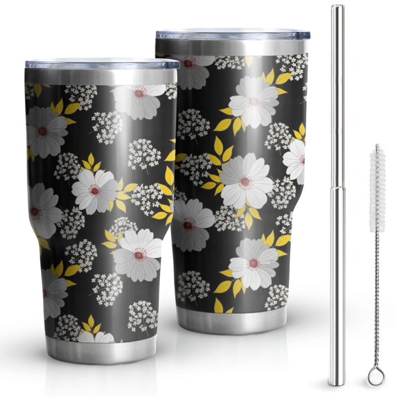 30oz Pioneer Flower Floral Print Pattern Tumbler, Double Wall Vacuum Insulated Cup, BPA-Free Leak Proof Lid & Reusable Straws, Hot 12h, Cold 34h