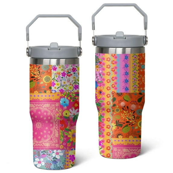 30oz Pioneer Pieced Patchwork Stainless Steel Tumbler with Top Handle,Bohemian Style Stitching Colorful Floral Travel Coffee Mug Flip Straw Cup,Gifts for Women Girls Men Adults（grey）