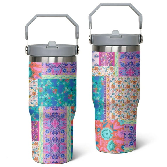 30oz Pioneer Pieced Patchwork Stainless Steel Tumbler with Top Handle,Bohemian Style Stitching Colorful Floral Travel Coffee Mug Flip Straw Cup,Gifts for Women Girls Men Adults(grey)