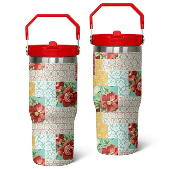 30oz Pioneer Pieced Patchwork Stainless Steel Tumbler with Top Handle,Bohemian Style Stitching Colorful Floral Travel Coffee Mug Flip Straw Cup,Gifts for Women Girls Men Adults(crimson)