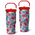 thumbnail image 1 of 30oz Pioneer Pink Blue Rose Stainless Steel Tumbler with Top Handle,Colorful Floral Travel Coffee Mug Flip Straw Cup,Gifts for Women Girls Men Adults（crimson）, 1 of 1