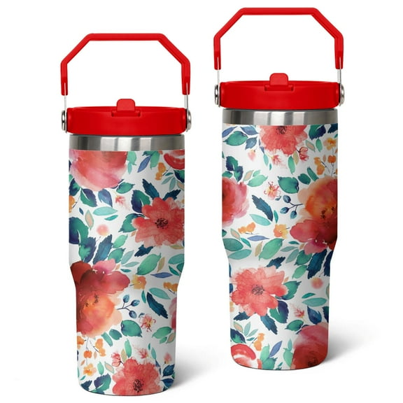 30oz Pioneer Stainless Steel Tumbler with Top Handle,Colorful Floral Vintage Travel Coffee Mug Flip Straw Cup,Gifts for Women Girls Men Adults（crimson）