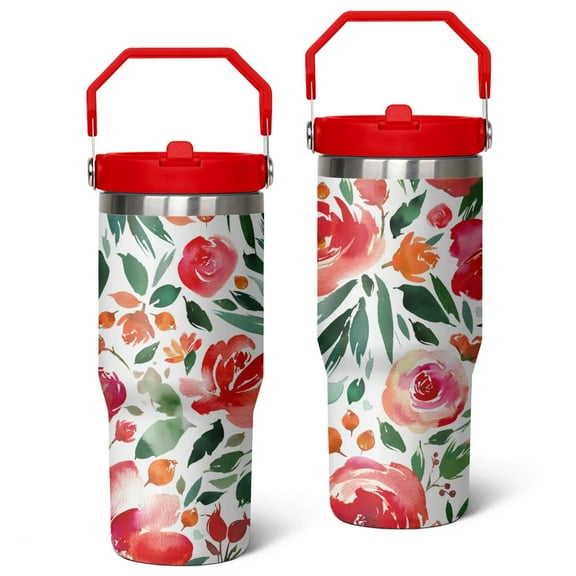30oz Pioneer Stainless Steel Tumbler with Top Handle,Colorful Floral Travel Coffee Mug Flip Straw Cup,Gifts for Women Girls Men Adults（crimson）