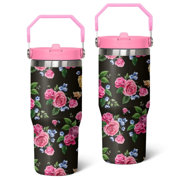 30oz Pioneer Stainless Steel Tumbler with Top Handle,Colorful Floral Travel Coffee Mug Flip Straw Cup,Gifts for Women Girls Men Adults(pink)