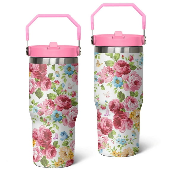 30oz Pioneer Stainless Steel Tumbler with Top Handle,Colorful Floral Vintage Travel Coffee Mug Flip Straw Cup,Gifts for Women Girls Men Adults(pink)