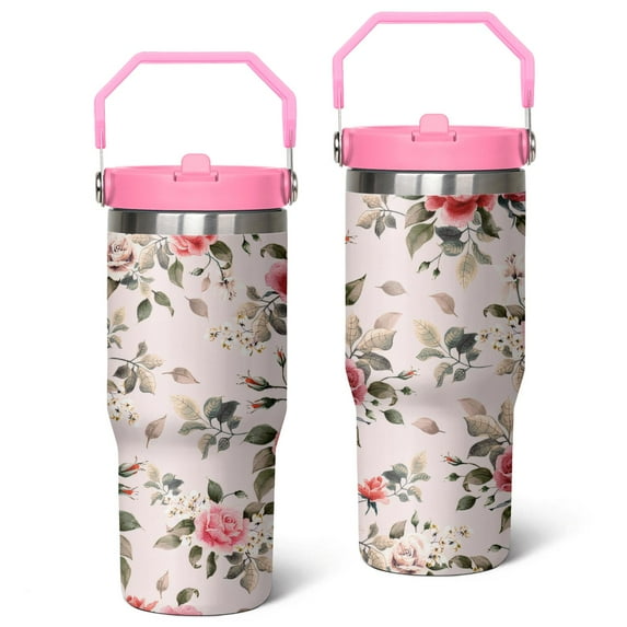 30oz Pioneer Stainless Steel Tumbler with Top Handle,Colorful Floral VintageTravel Coffee Mug Flip Straw Cup,Gifts for Women Girls Men Adults(pink)
