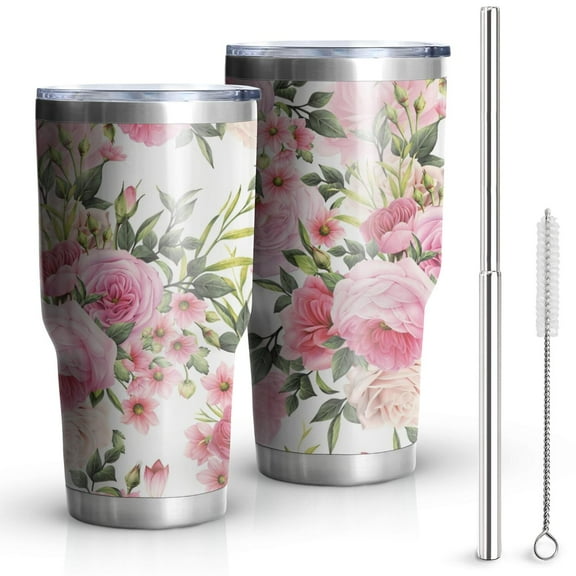 30oz Pioneer Tumbler Stainless Steel Vacuum Colorful Floral Insulated Travel Coffee Mug with Splash-Proof Lid Metal Straw White