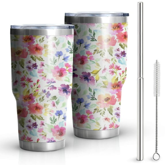 30oz Pioneer Tumbler Stainless Steel Vacuum Colorful Floral Insulated Travel Coffee Mug with Splash-Proof Lid Metal Straw White