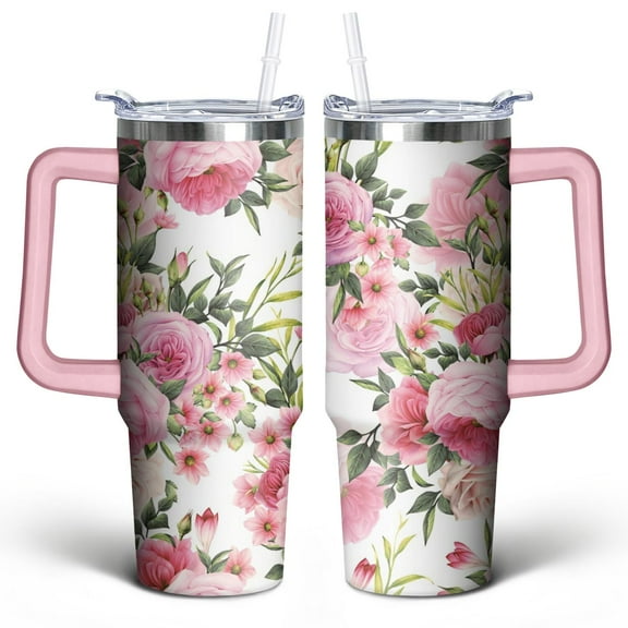 30oz Pioneer Tumbler with Handle Lid and Straw,Bohemian Style Colorful Floral Vintage Tumblers Gifts for Women Girls Men Adults Pink