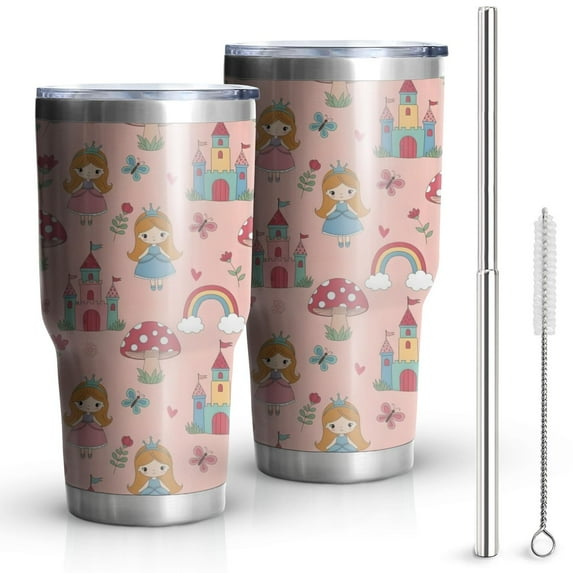 30oz Princess Mushroom Castle Pattern Tumblers Stainless Steel Tumbler with Lid and Straw,Vacuum Insulated Double Wall Travel Tumbler Cups Mug with Cleaning Brush for Coffee,Tea
