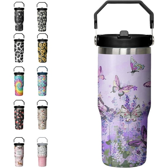 30oz Purple Butterfly Tumbler with Handle Flip Straw Leak Proof Insulated Tumbler Butterfly Coffee Mug with Handle Butterfly Gifts for Women/Mom