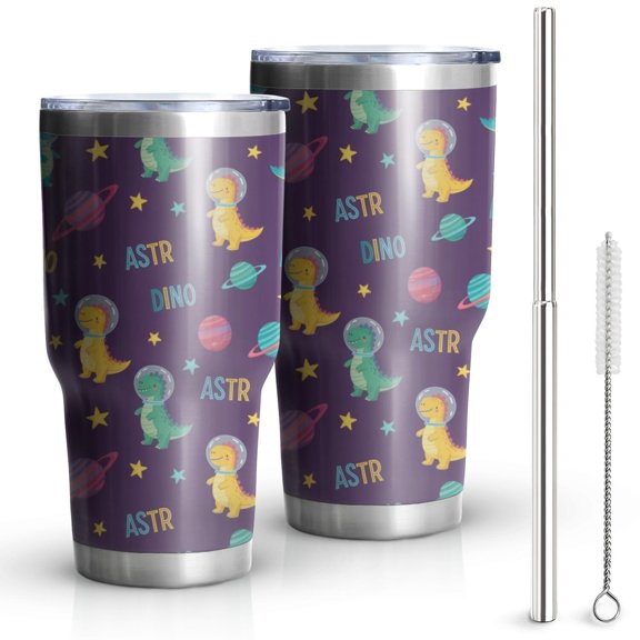 30oz Purple Cartoon Dinosaurs Planets Stars Pattern Tumblers Stainless Steel Tumbler with Lid and Straw,Vacuum Insulated Double Wall Travel Tumbler Cups Mug with Cleaning Brush for Coffee,Tea