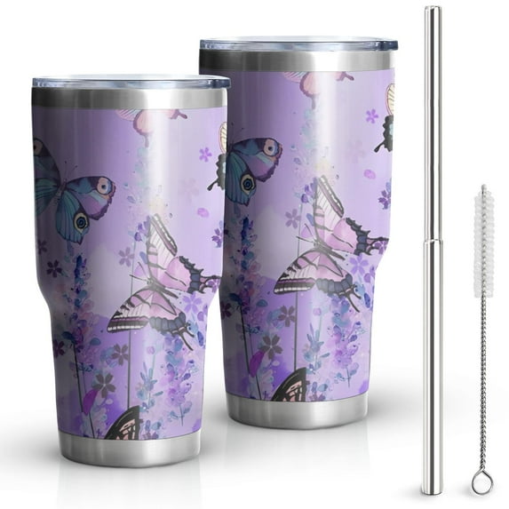 30oz Purple Lavender Butterfly Scene Tumblers Stainless Steel Tumbler with Lid and Straw,Vacuum Insulated Double Wall Travel Tumbler Cups Mug with Cleaning Brush for Coffee,Tea