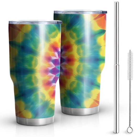 30oz Rainbow Tie Dye Mandala Pattern Tumblers Stainless Steel Tumbler with Lid and Straw,Vacuum Insulated Double Wall Travel Tumbler Cups Mug with Cleaning Brush for Coffee,Tea
