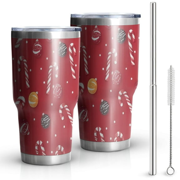 30oz Red Christmas Candy Cane Pattern Tumblers Stainless Steel Tumbler with Lid and Straw,Vacuum Insulated Double Wall Travel Tumbler Cups Mug with Cleaning Brush for Coffee,Tea