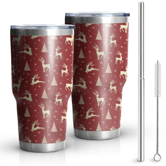 30oz Red Christmas Deer and Tree Pattern Tumblers Stainless Steel Tumbler with Lid and Straw,Vacuum Insulated Double Wall Travel Tumbler Cups Mug with Cleaning Brush for Coffee,Tea