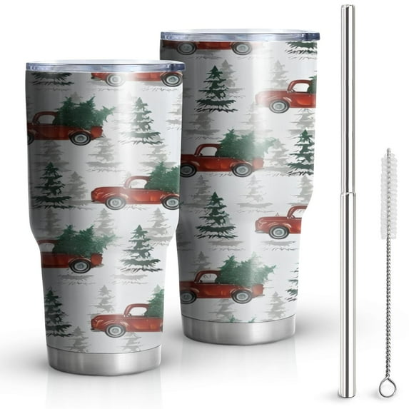 30oz Red Christmas Truck and Tree Pattern Tumblers Stainless Steel Tumbler with Lid and Straw,Vacuum Insulated Double Wall Travel Tumbler Cups Mug with Cleaning Brush for Coffee,Tea