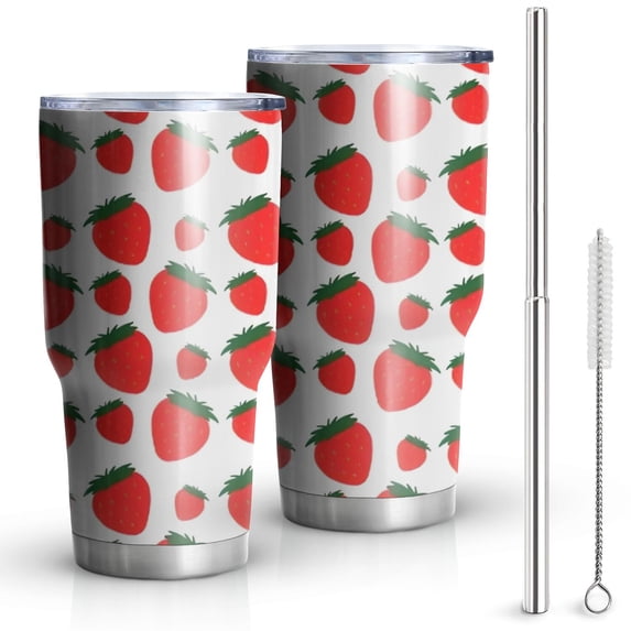 30oz Red Strawberry Plants Fruit Green Leaf White Pattern Tumblers Stainless Steel Tumbler with Lid and Straw,Vacuum Insulated Double Wall Travel Tumbler Cups Mug with Cleaning Brush for Coffee,Tea