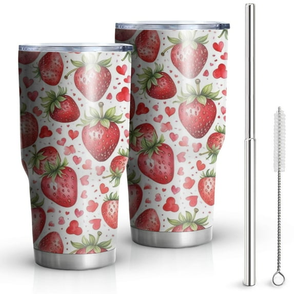 30oz Red Strawberry Plants Fruit Heart Tumblers Stainless Steel Tumbler with Lid and Straw,Vacuum Insulated Double Wall Travel Tumbler Cups Mug with Cleaning Brush for Coffee,Tea