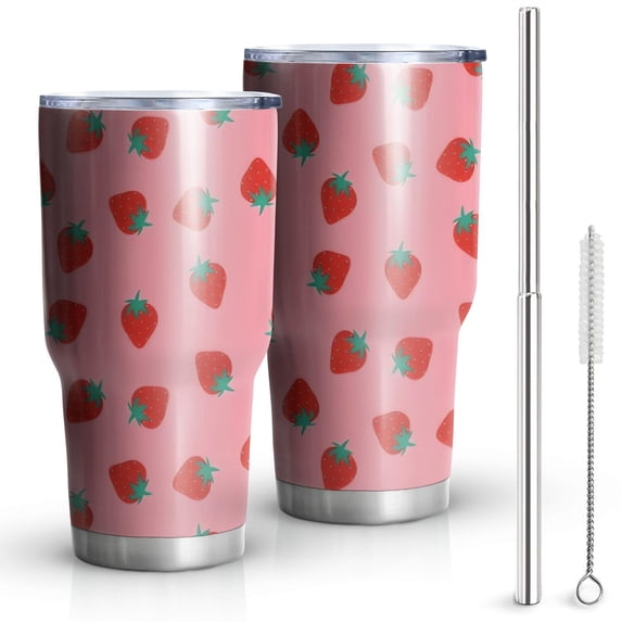 30oz Red Strawberry Plants Fruit Pink Pattern Tumblers Stainless Steel Tumbler with Lid and Straw,Vacuum Insulated Double Wall Travel Tumbler Cups Mug with Cleaning Brush for Coffee,Tea