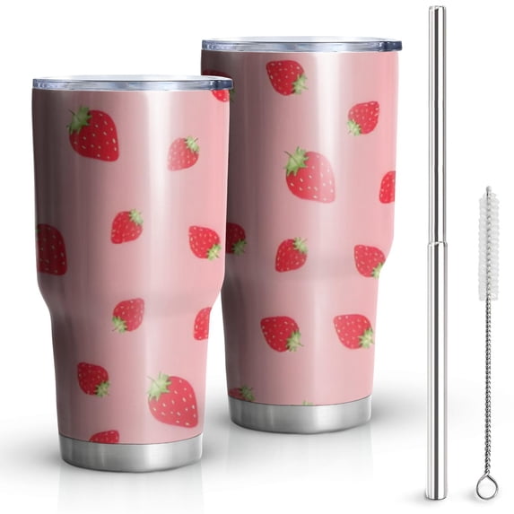 30oz Red Strawberry Plants Fruit Tumblers Stainless Steel Tumbler with Lid and Straw,Vacuum Insulated Double Wall Travel Tumbler Cups Mug with Cleaning Brush for Coffee,Tea