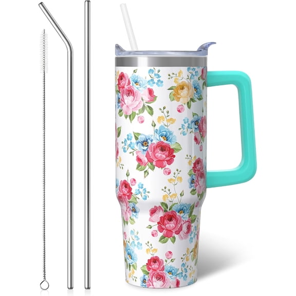 30oz Rose Floral Tumbler with Handle, Lid & Straw - Double Wall Vacuum Insulated Flower Design Stainless Steel Cup Water Bottle for Daily Use & Christmas Mother''s Day Birthday Gifts