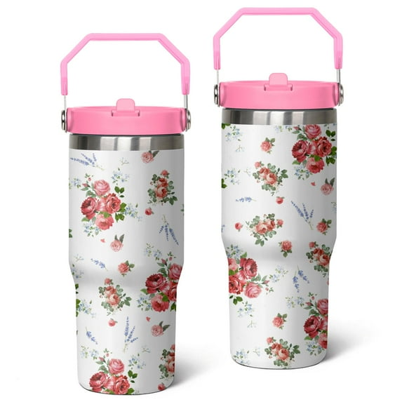 30oz Rose Spring Flower Blossom Stainless Steel Tumbler with Top Handle,Pioneer Travel Coffee Mug Flip Straw Cup,Gifts for Women Girls Men Adults(pink)