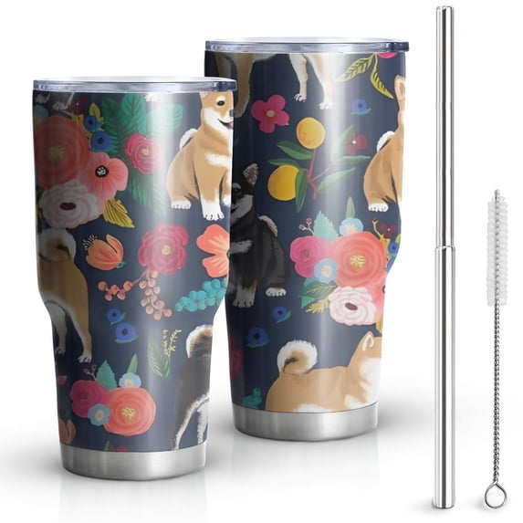 30oz Shiba Inu and Pioneer Flower Tumblers Stainless Steel Tumbler with Lid and Straw,Vacuum Insulated Double Wall Travel Tumbler Cups Mug with Cleaning Brush for Coffee,Tea