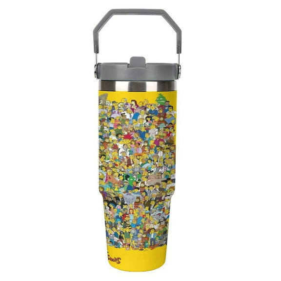 30oz Simpsons Tumbler with Handle and Straw, Stainless Steel Insulated Coofee Mug Gifts for Women Men