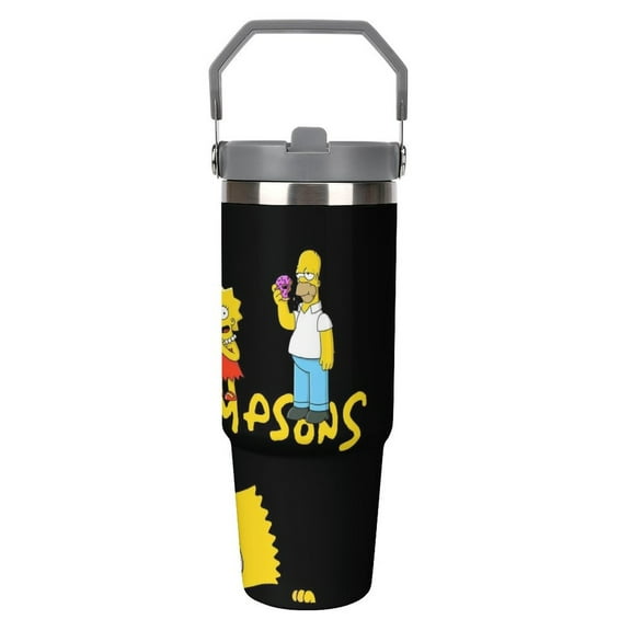 30oz Simpsons Tumbler with Handle and Straw, Stainless Steel Insulated Coofee Mug Gifts for Women Men