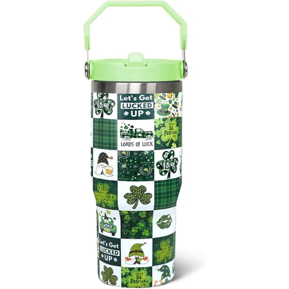 30oz St.Patrick''s Gnome Flip Tumbler with Straws,Green Irish Shamrocks Coffee Travel Mug Cup Water Bottle,St.Patrick''s Day Decor,St.Patrick''s Day Gifts for Women