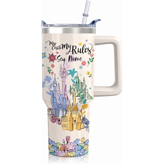 30oz Stainless Steel Fairy Tale Castle Tumbler with Handle, Lid and Straw -Princess Insulated Cup for Women''s Gifts and Travel