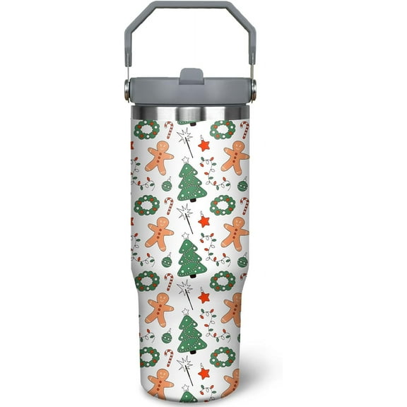 30oz Stainless Steel Pink Xmas Snowman Insulated Coffee Tumbler with Handle, Lid and Straw - Christmas Gifts for Women/Mom/Daughter/Aunt/Girlfriend