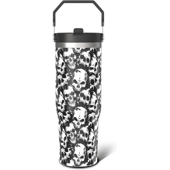 30oz Stainless Steel Tumbler with Handle & Straw - Skull Gothic Cup for Halloween Coffee Travel, Insulated Holiday Birthday Gift for Women Men (Unisex)