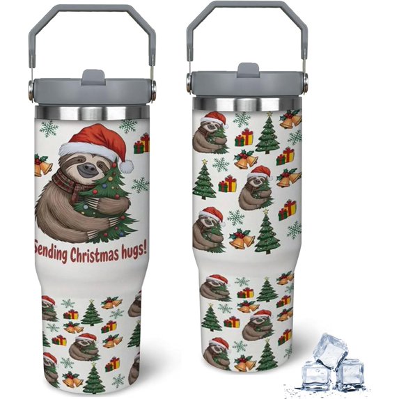 30oz Stainless Steel Tumbler - Sloth Christmas Hug Design, Insulated with Handle and Straw Lid, Double Wall Vacuum, Reusable, Ideal Christmas Gift for Family & Friends