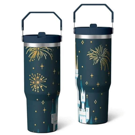 30oz Stainless Steel Tumbler with Lid and Straw,Spill Proof Travel Cup Double Wall Vacuum Insulated Coffee Mug with Top Handle Navy-blue