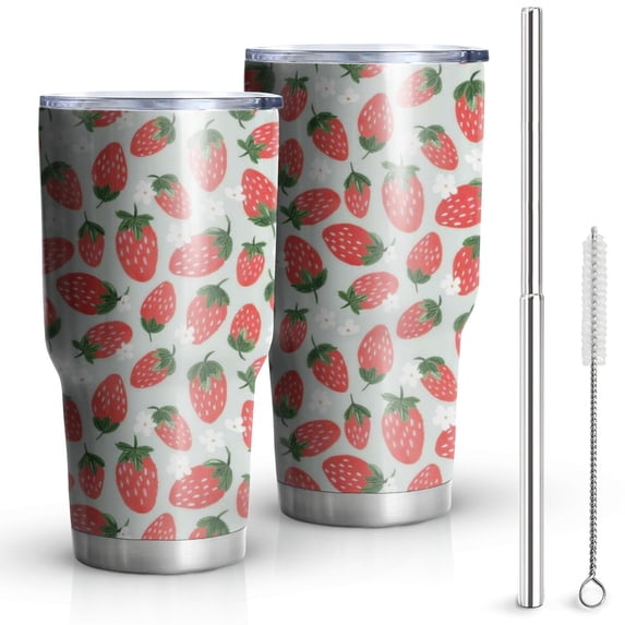 30oz Strawberry Plants Fruit Flower Leaf Tumblers Stainless Steel Tumbler with Lid and Straw,Vacuum Insulated Double Wall Travel Tumbler Cups Mug with Cleaning Brush for Coffee,Tea